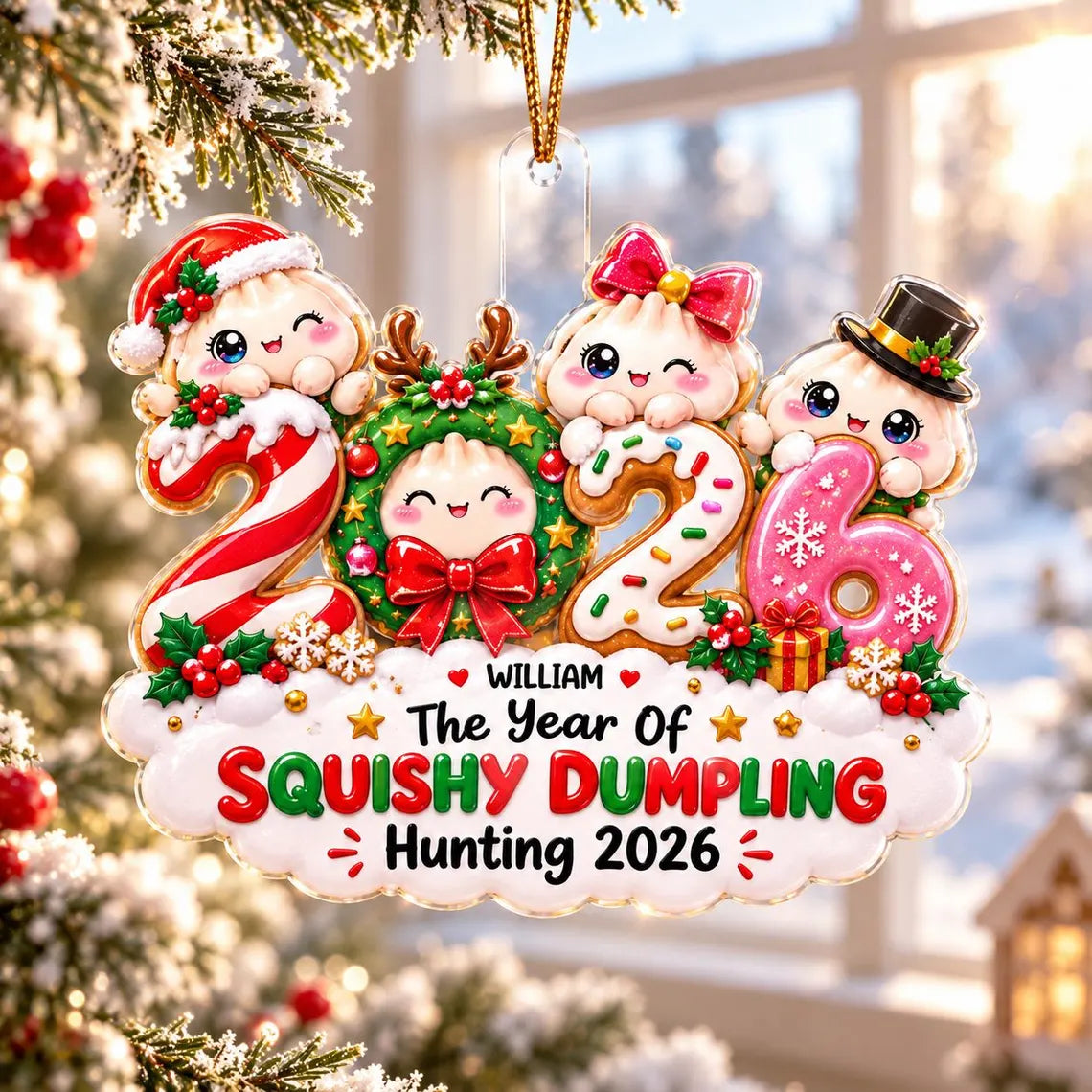 Squishy Dumpling Hunting 2026 Custom Name Date Acrylic Christmas Ornament Cute Squishy Collector Gift