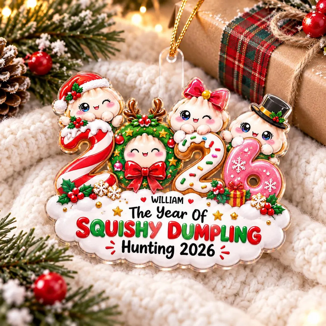 Squishy Dumpling Hunting 2026 Custom Name Date Acrylic Christmas Ornament Cute Squishy Collector Gift
