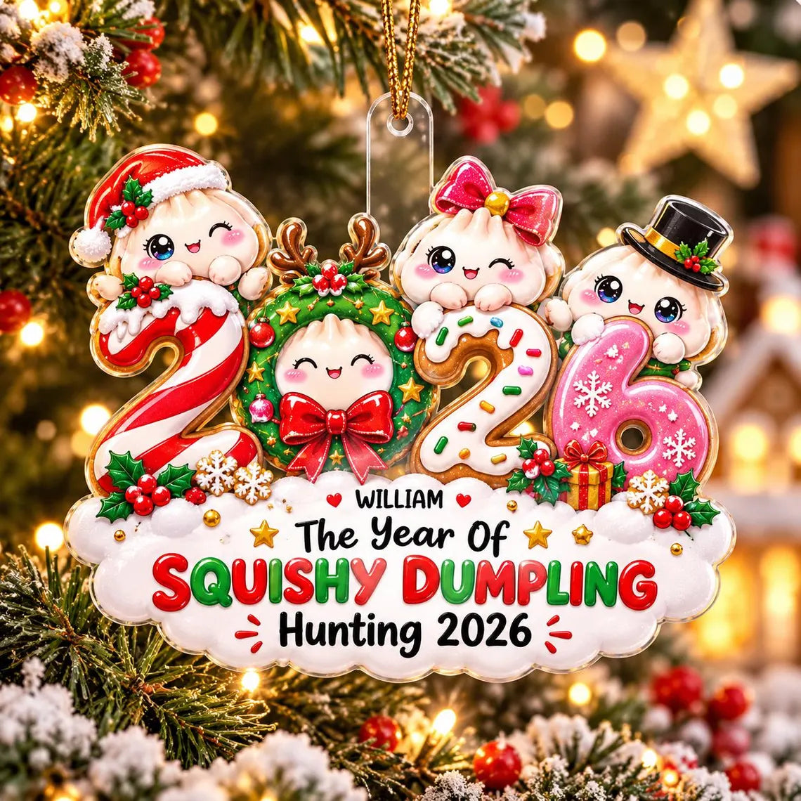 Squishy Dumpling Hunting 2026 Custom Name Date Acrylic Christmas Ornament Cute Squishy Collector Gift