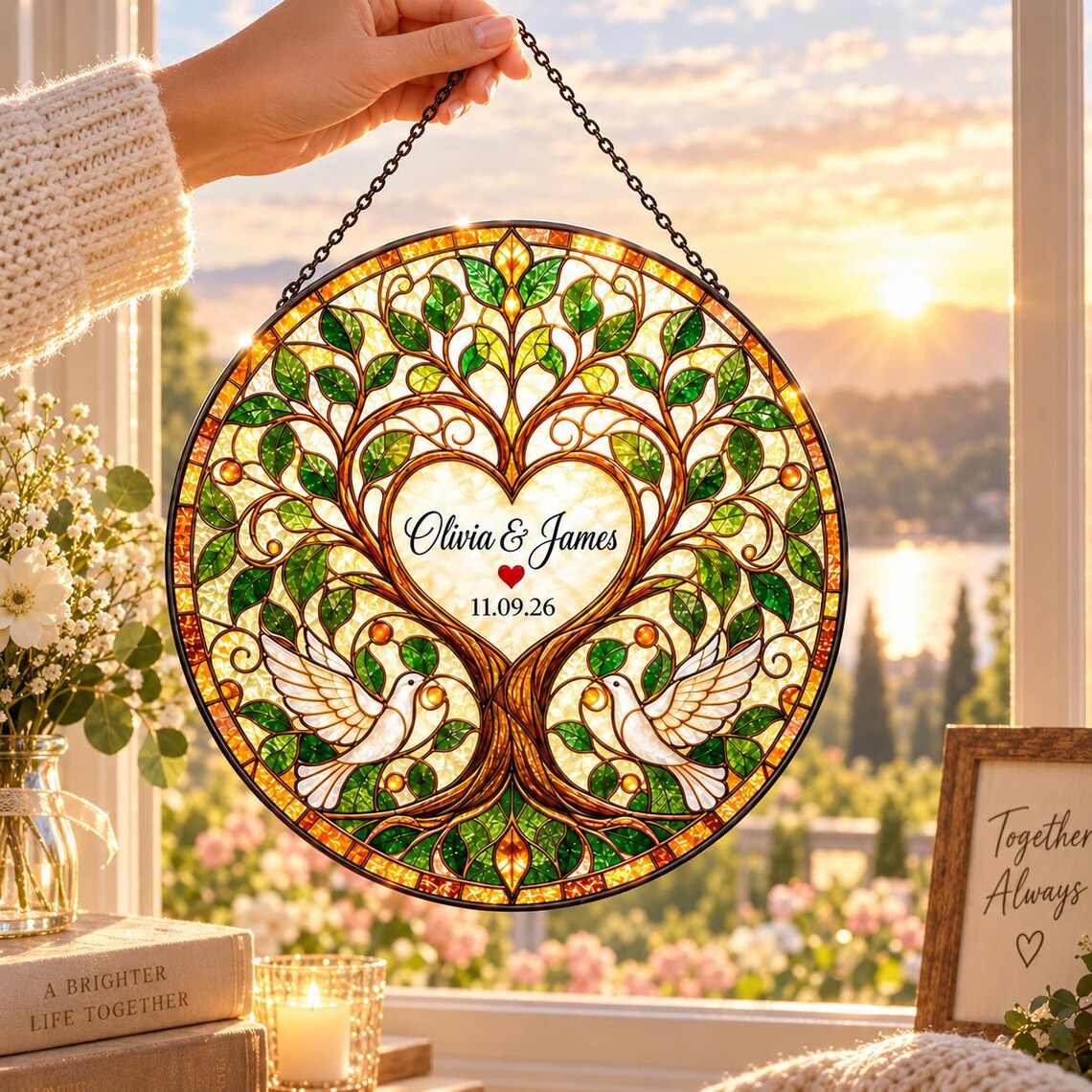 Tree of Life Doves Custom Name Date Couple Stained Glass Suncatcher Ornament