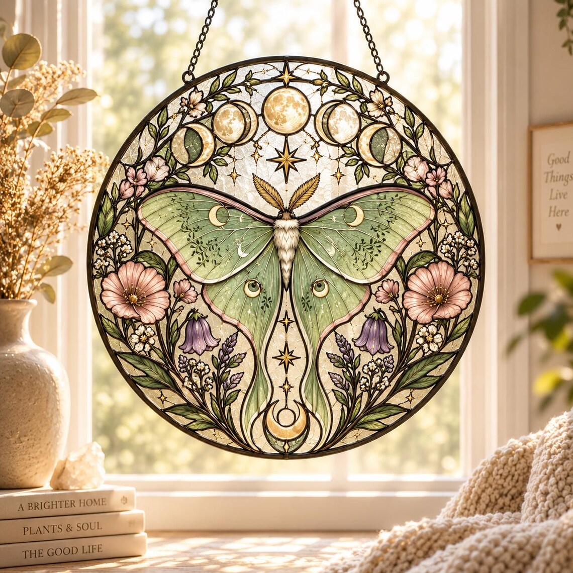 Luna Moth Moon Phases Stained Glass Suncatcher Ornament