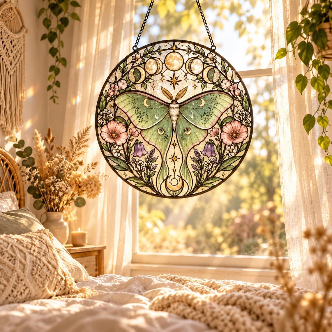 Luna Moth Moon Phases Stained Glass Suncatcher Ornament