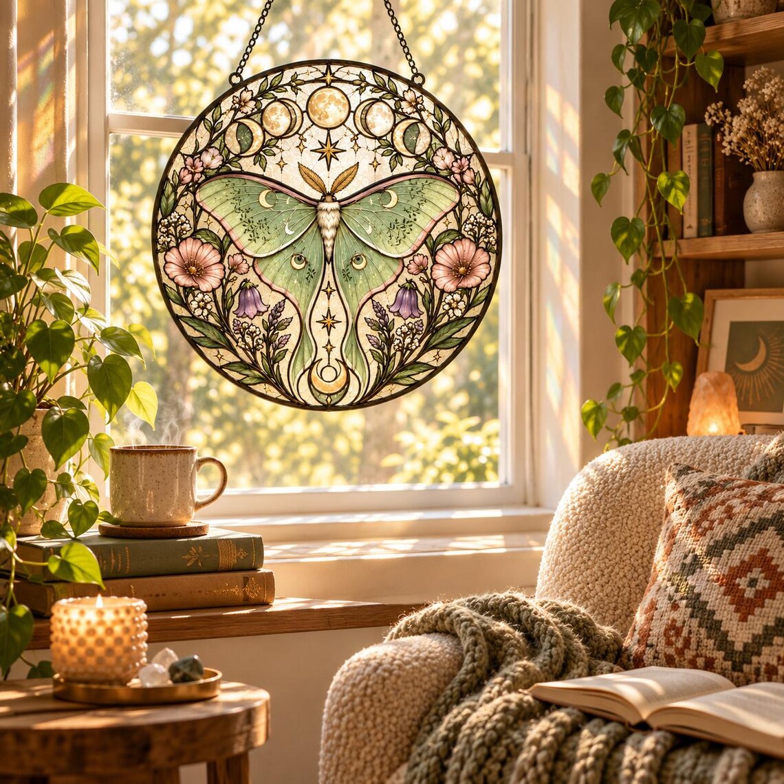 Luna Moth Moon Phases Stained Glass Suncatcher Ornament