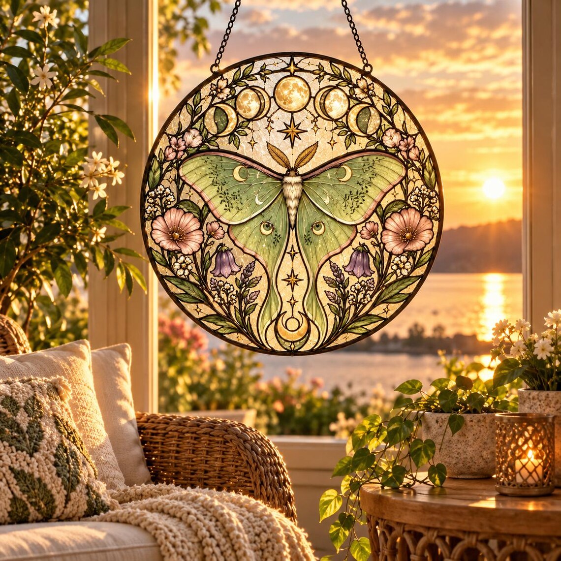 Luna Moth Moon Phases Stained Glass Suncatcher Ornament