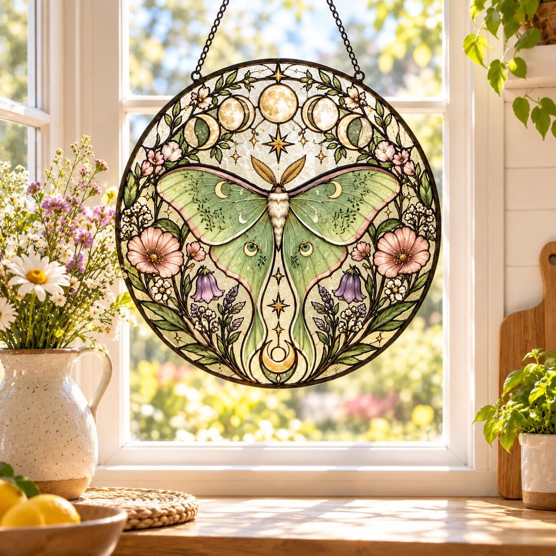 Luna Moth Moon Phases Stained Glass Suncatcher Ornament