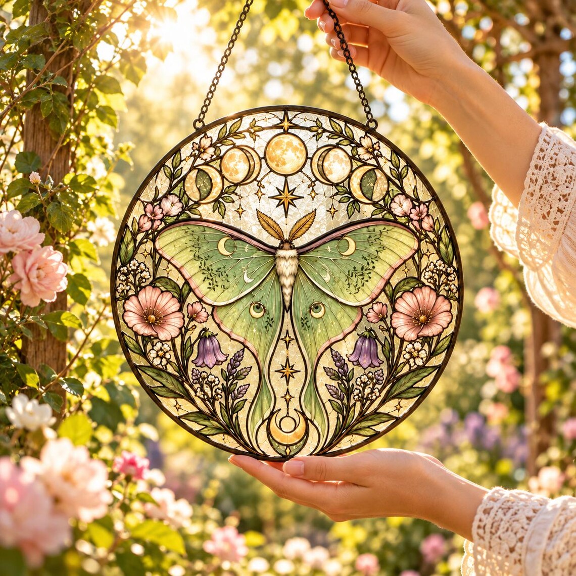 Luna Moth Moon Phases Stained Glass Suncatcher Ornament