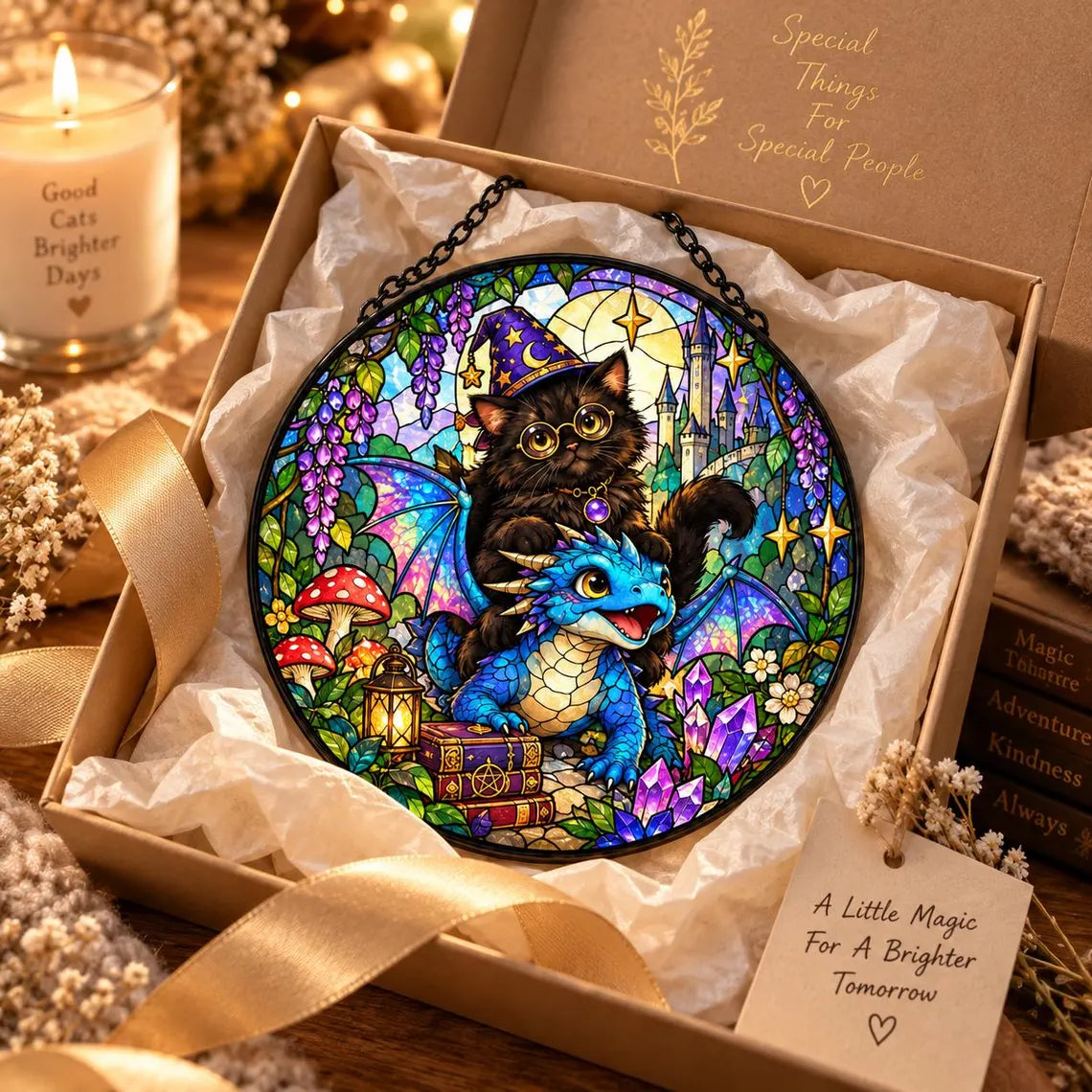 Cat and Dragon Fantasy Stained Glass Suncatcher Ornament