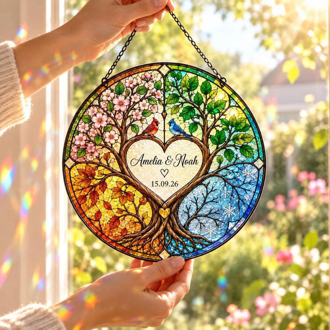 Four Seasons Tree of Life Custom Name Date Couple Stained Glass Suncatcher Ornament