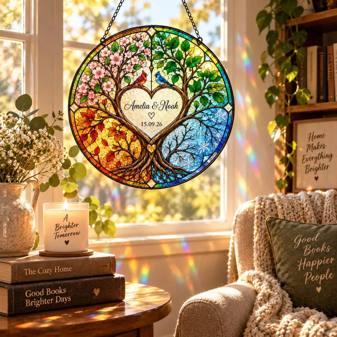 Four Seasons Tree of Life Custom Name Date Couple Stained Glass Suncatcher Ornament