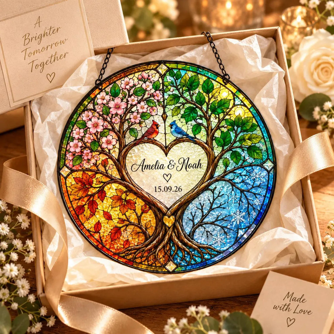 Four Seasons Tree of Life Custom Name Date Couple Stained Glass Suncatcher Ornament