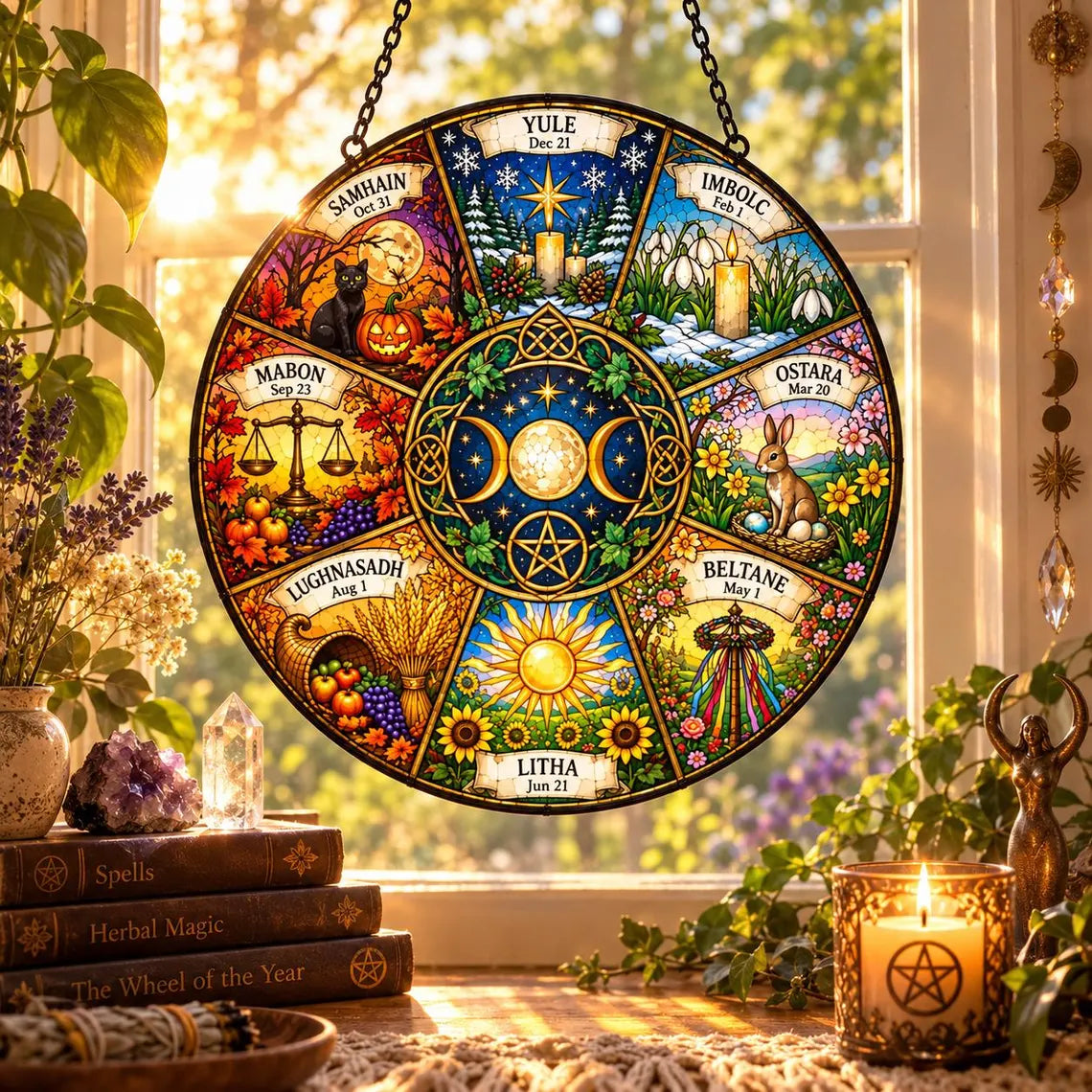 Wheel of the Year Pagan Seasons Stained Glass Suncatcher Ornament