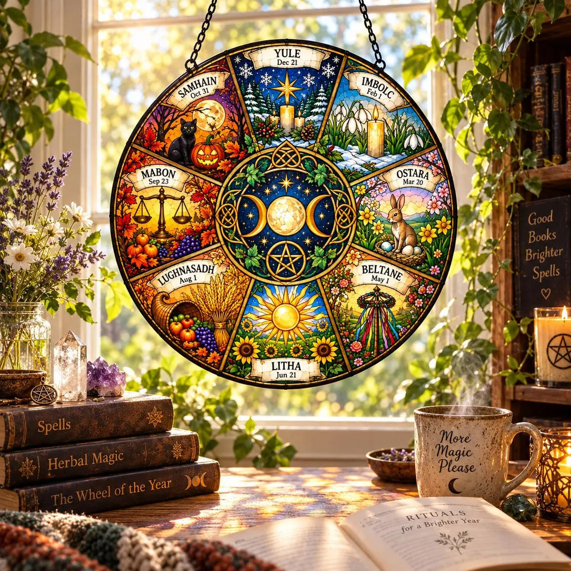 Wheel of the Year Pagan Seasons Stained Glass Suncatcher Ornament