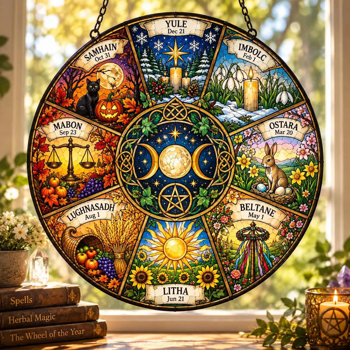 Wheel of the Year Pagan Seasons Stained Glass Suncatcher Ornament
