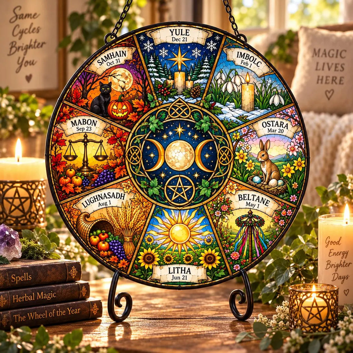 Wheel of the Year Pagan Seasons Stained Glass Suncatcher Ornament