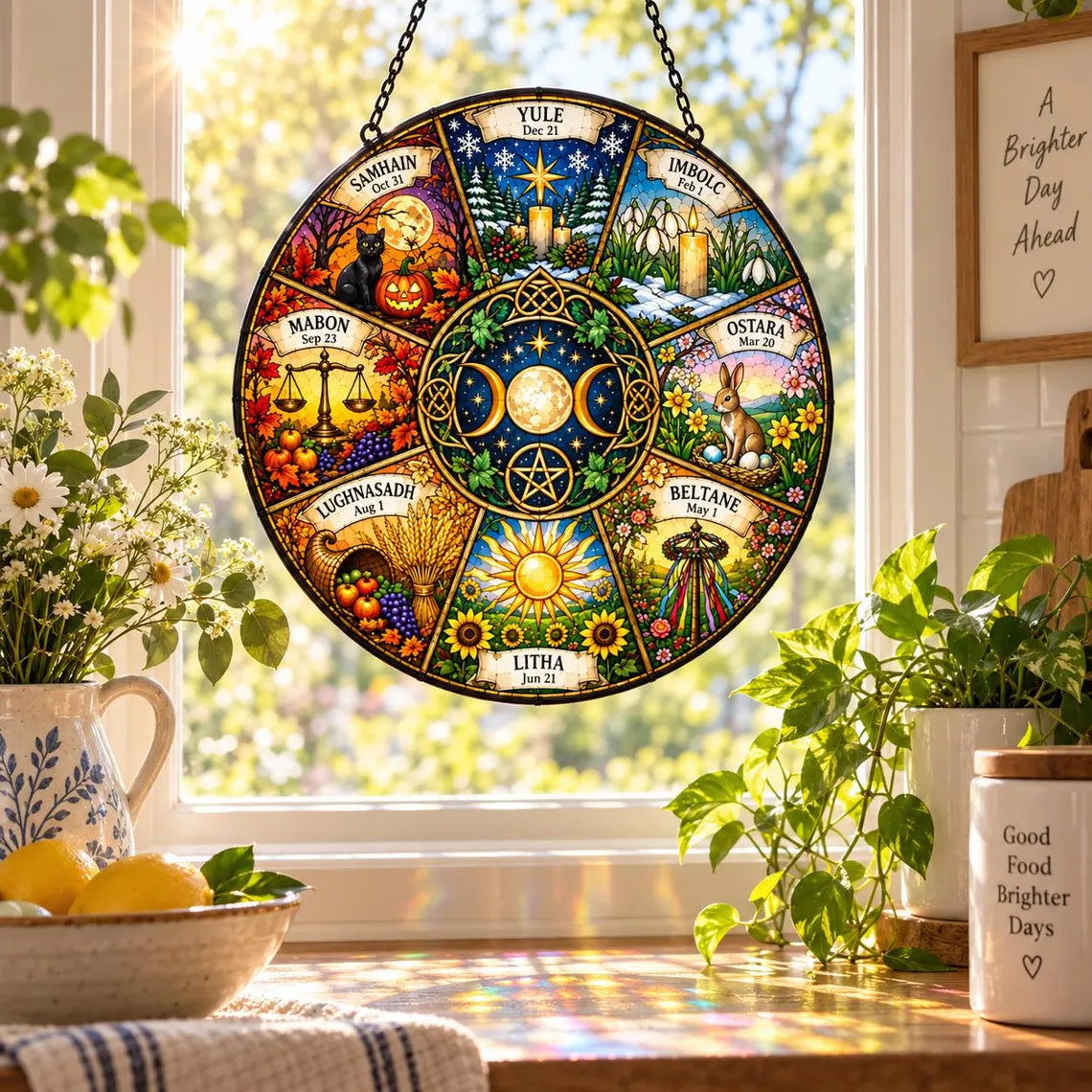 Wheel of the Year Pagan Seasons Stained Glass Suncatcher Ornament