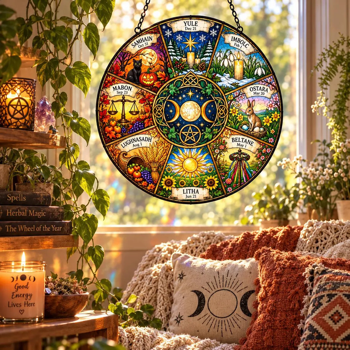 Wheel of the Year Pagan Seasons Stained Glass Suncatcher Ornament