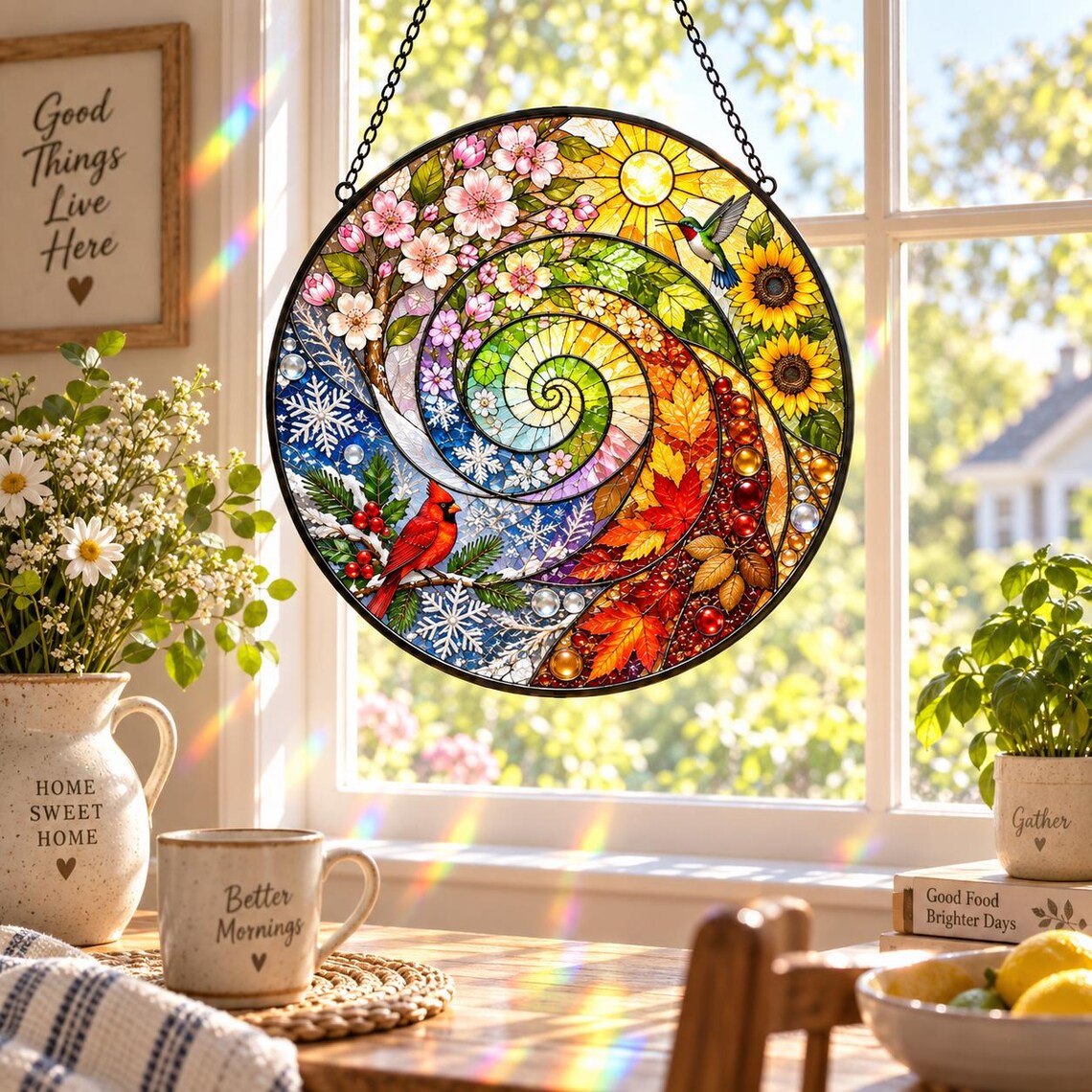 Four Seasons Spiral Tree Cardinal Stained Glass Suncatcher Ornament