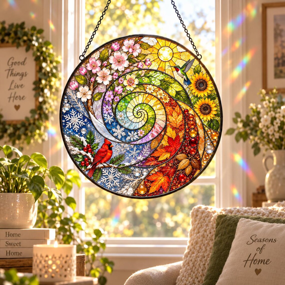 Four Seasons Spiral Tree Cardinal Stained Glass Suncatcher Ornament