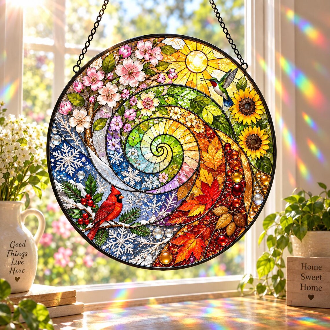 Four Seasons Spiral Tree Cardinal Stained Glass Suncatcher Ornament