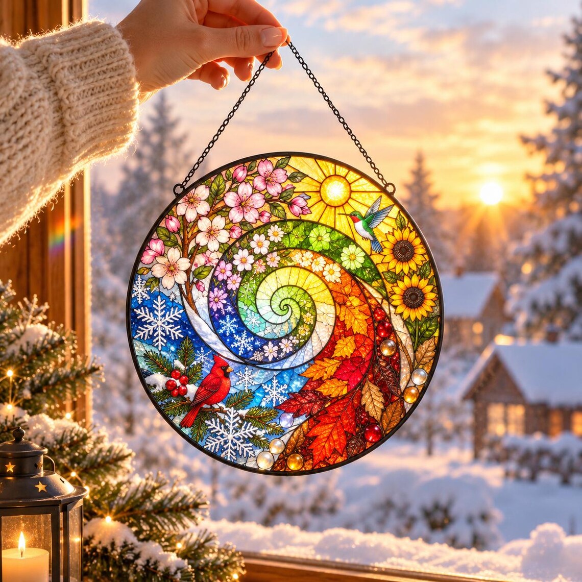 Four Seasons Spiral Tree Cardinal Stained Glass Suncatcher Ornament