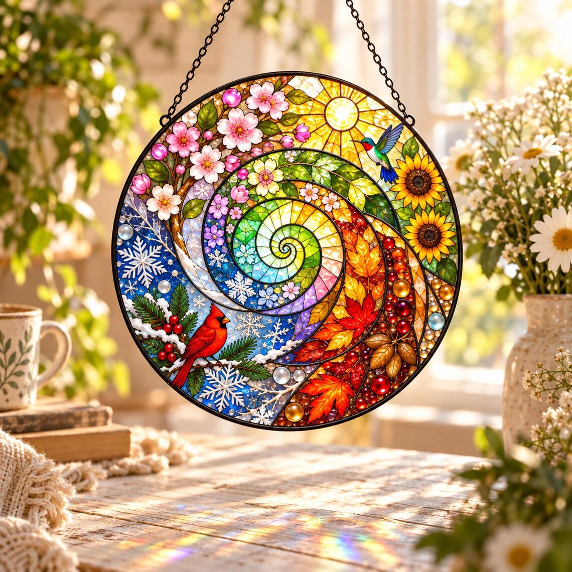 Four Seasons Spiral Tree Cardinal Stained Glass Suncatcher Ornament