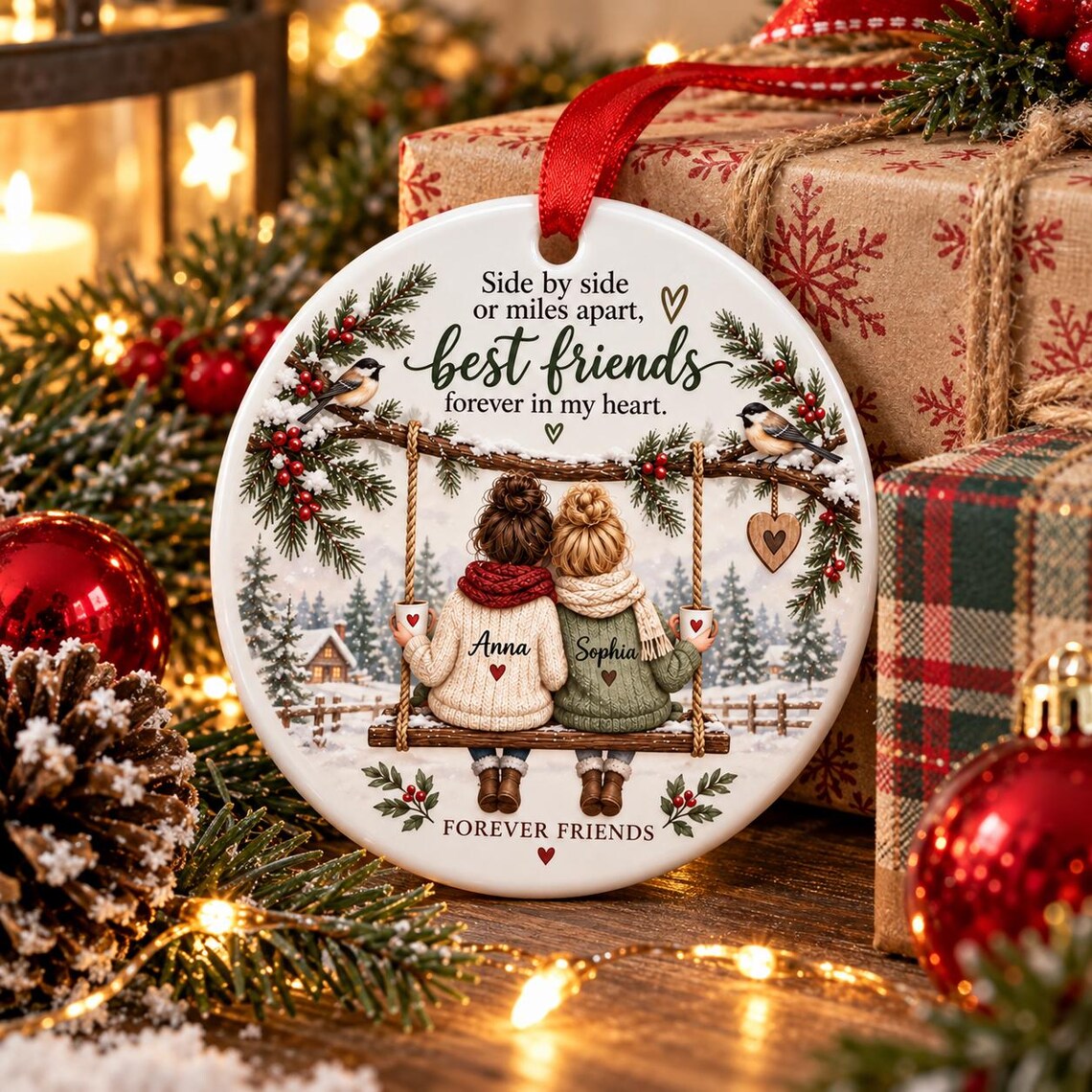 Best Friends Forever Custom Names Friendship Round Ceramic Christmas Ornament Best Friend Keepsake Gift