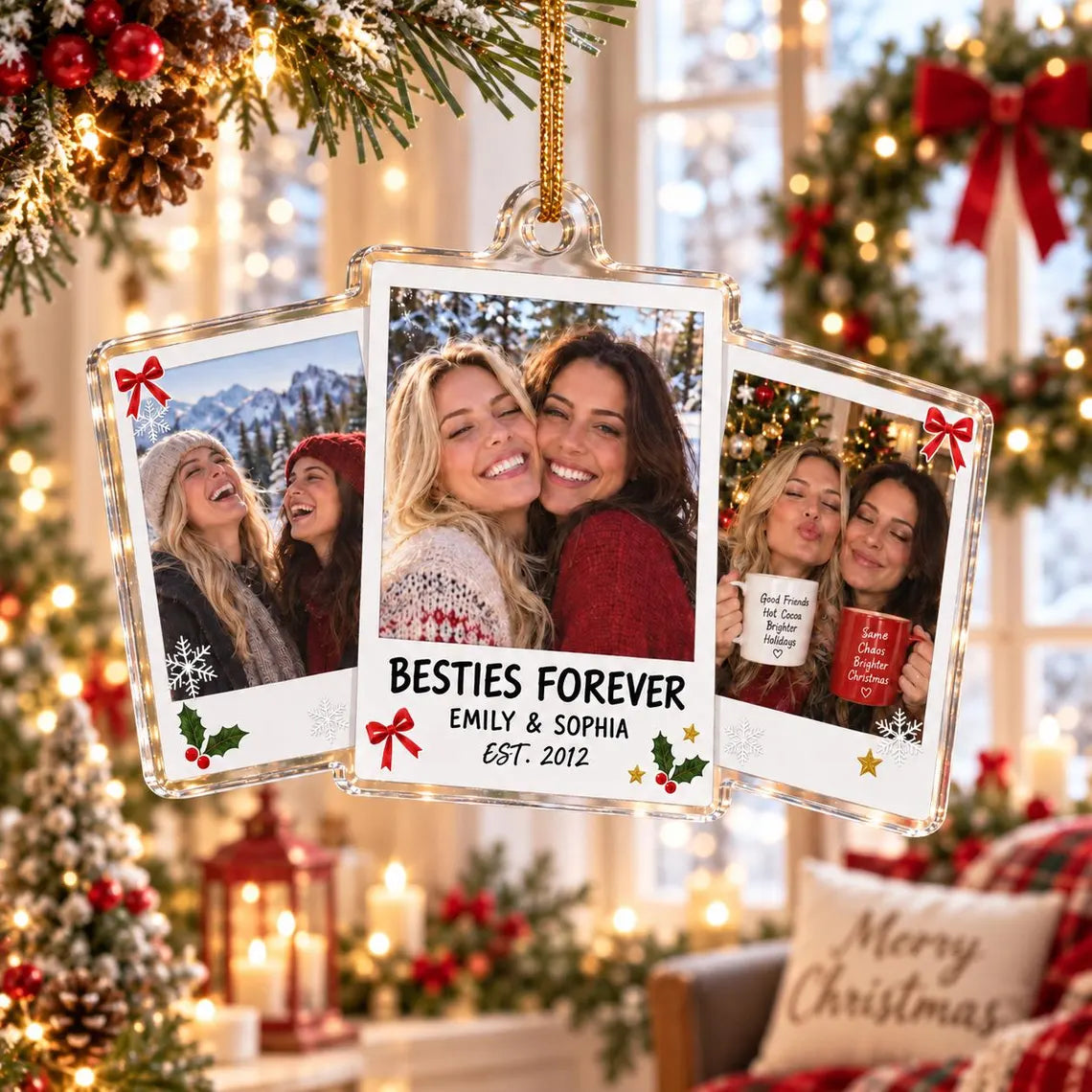 Besties Forever Custom Names Date Photo Friendship Acrylic Christmas Ornament Best Friend Keepsake Gift
