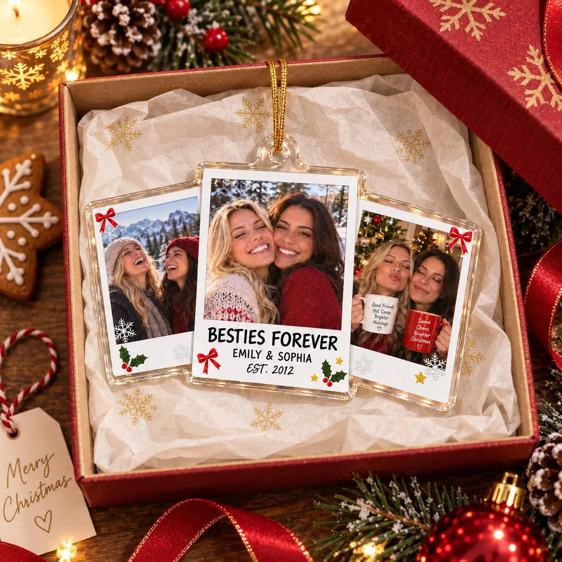 Besties Forever Custom Names Date Photo Friendship Acrylic Christmas Ornament Best Friend Keepsake Gift