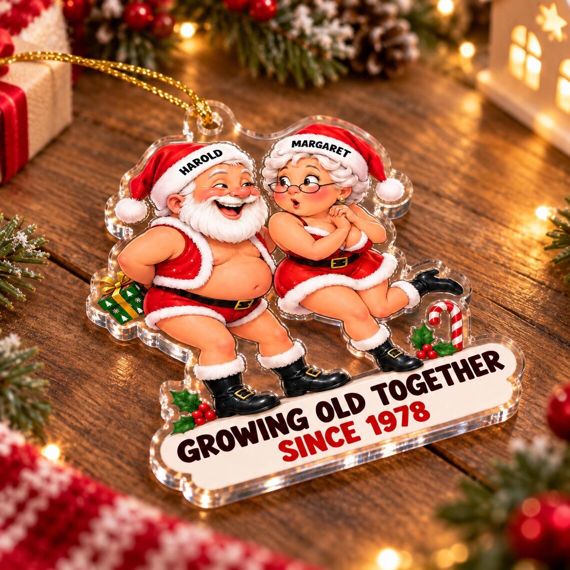 Growing Old Together Santa Funny Couple Custom Names Date Couple Acrylic Christmas Ornament Anniversary
