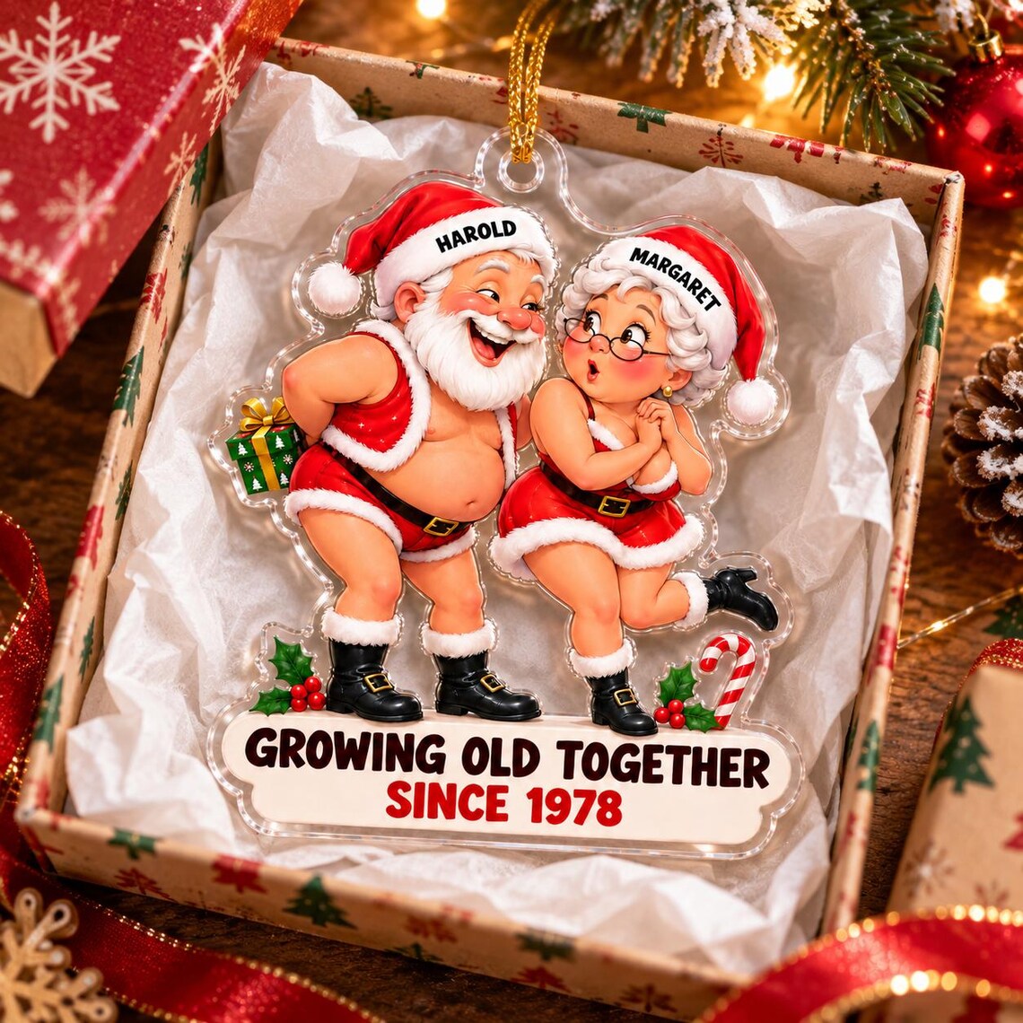 Growing Old Together Santa Funny Couple Custom Names Date Couple Acrylic Christmas Ornament Anniversary