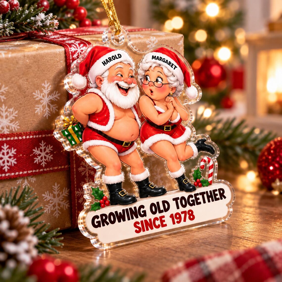 Growing Old Together Santa Funny Couple Custom Names Date Couple Acrylic Christmas Ornament Anniversary
