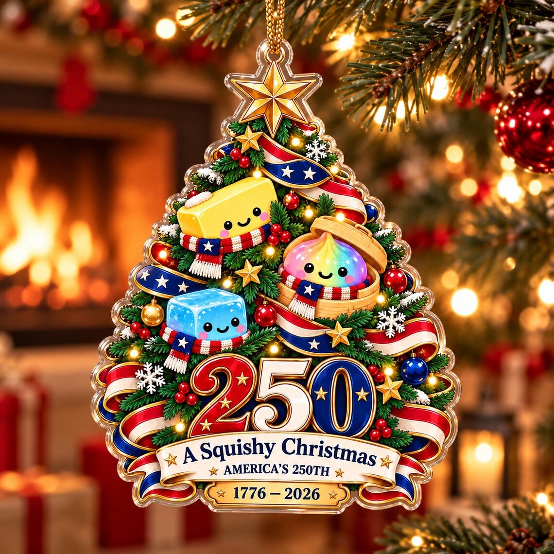 America's 250th Squishy Christmas Tree Acrylic Christmas Ornament Patriotic 250th Anniversary