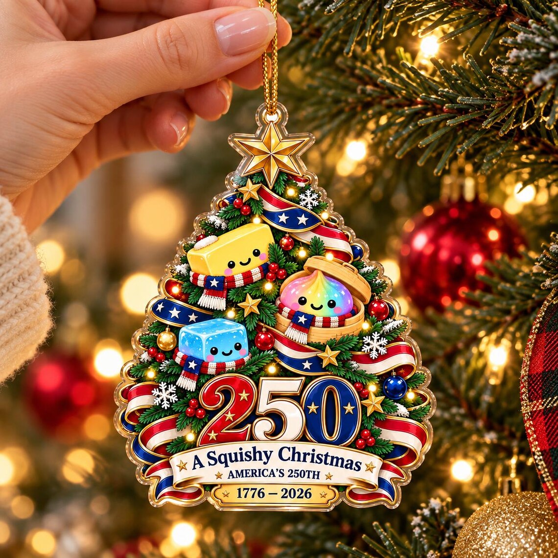 America's 250th Squishy Christmas Tree Acrylic Christmas Ornament Patriotic 250th Anniversary