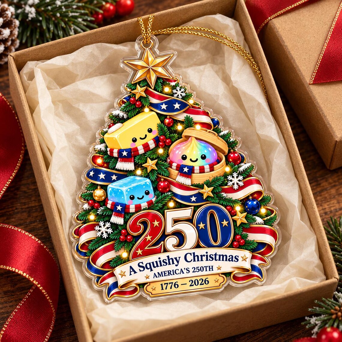 America's 250th Squishy Christmas Tree Acrylic Christmas Ornament Patriotic 250th Anniversary