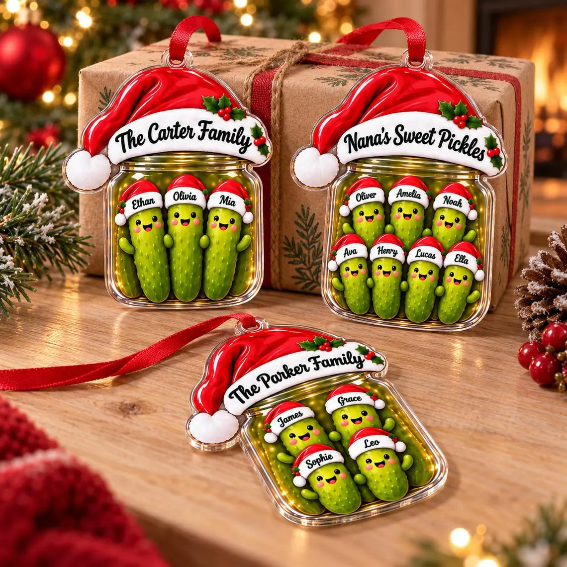 Christmas Pickle Family Custom Names Family Acrylic Christmas Ornament Funny Family