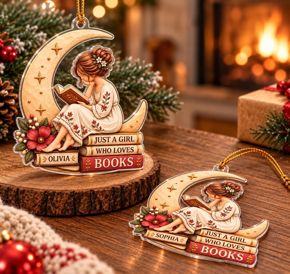 Girl Who Loves Books Custom Name Acrylic Christmas Ornament Book Lover