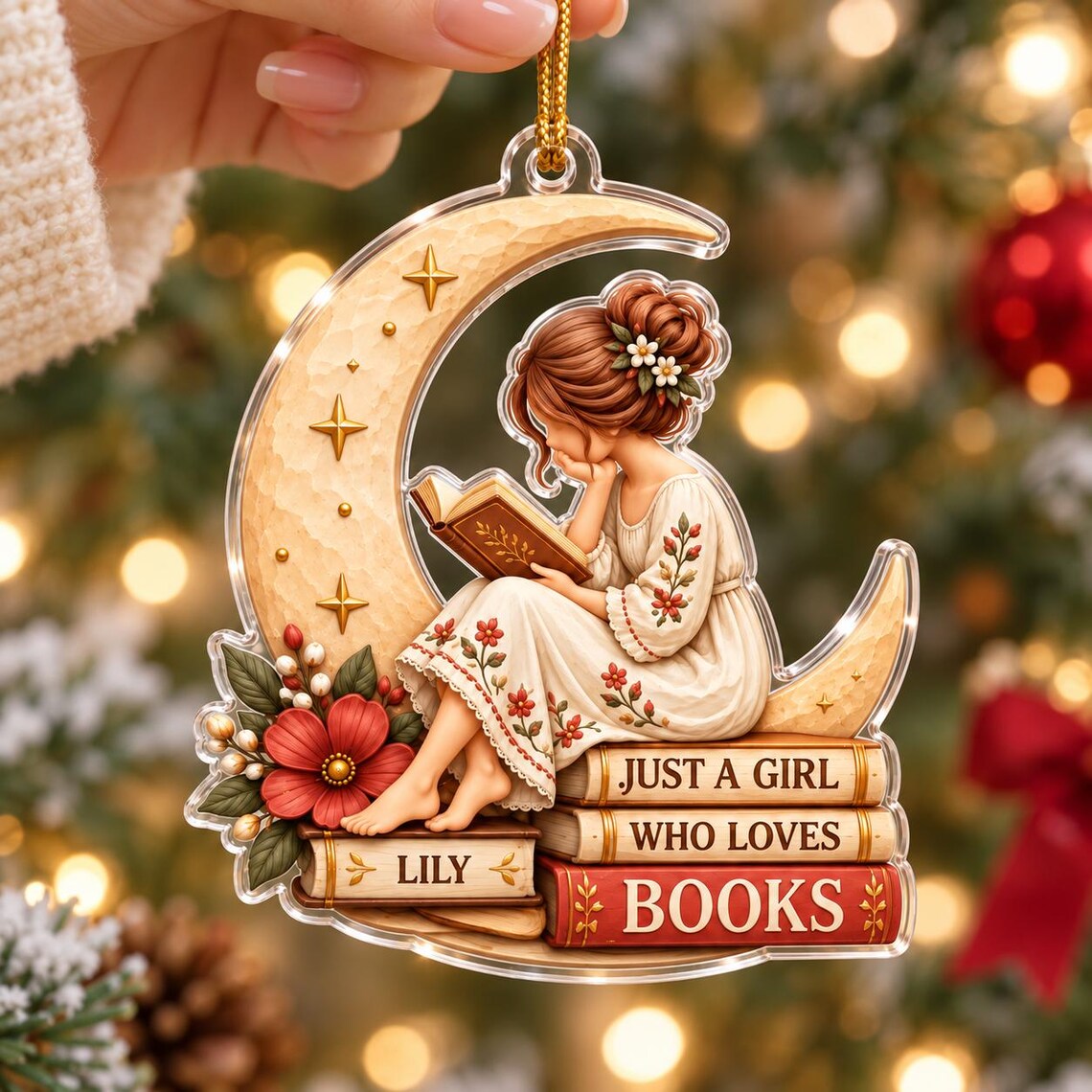 Girl Who Loves Books Custom Name Acrylic Christmas Ornament Book Lover