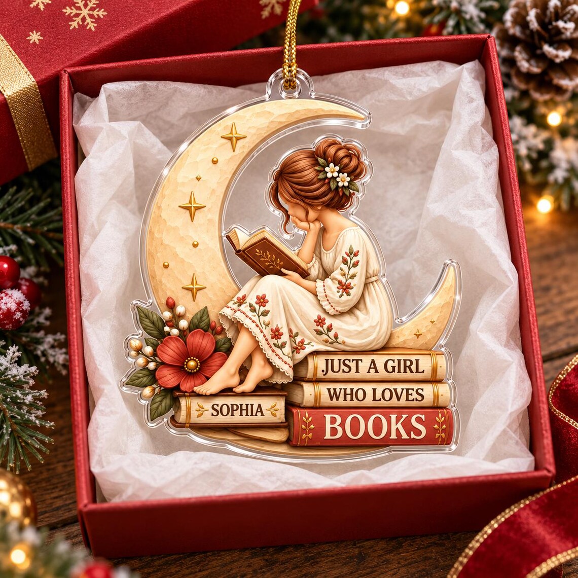Girl Who Loves Books Custom Name Acrylic Christmas Ornament Book Lover