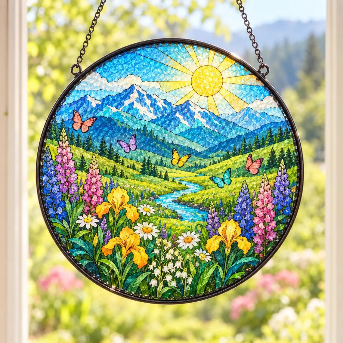 Mountain Meadow Landscape Stained Glass Suncatcher Ornament Nature Window Hanging Gift