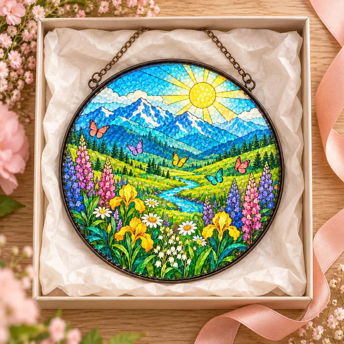 Mountain Meadow Landscape Stained Glass Suncatcher Ornament Nature Window Hanging Gift