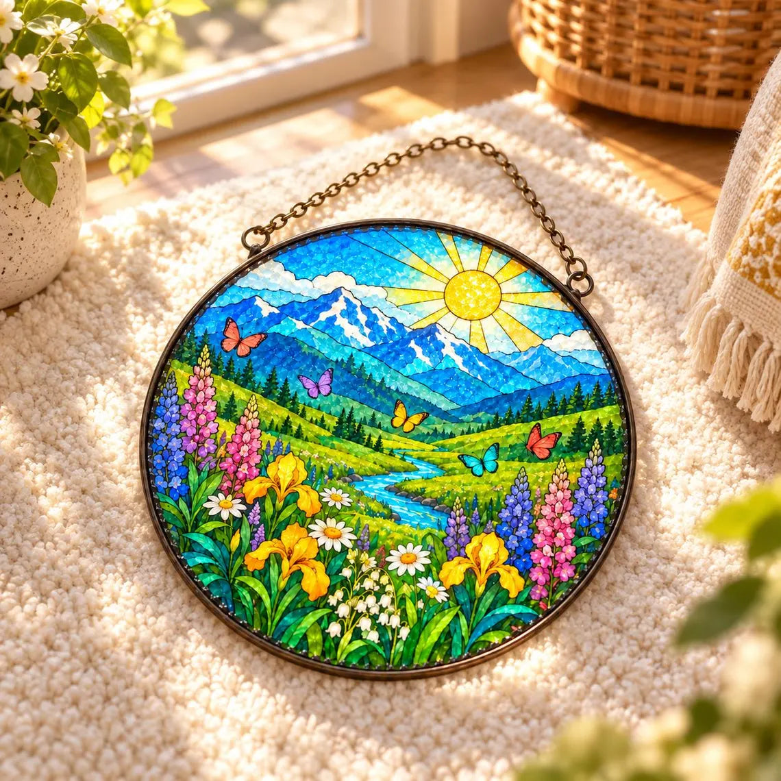 Mountain Meadow Landscape Stained Glass Suncatcher Ornament Nature Window Hanging Gift