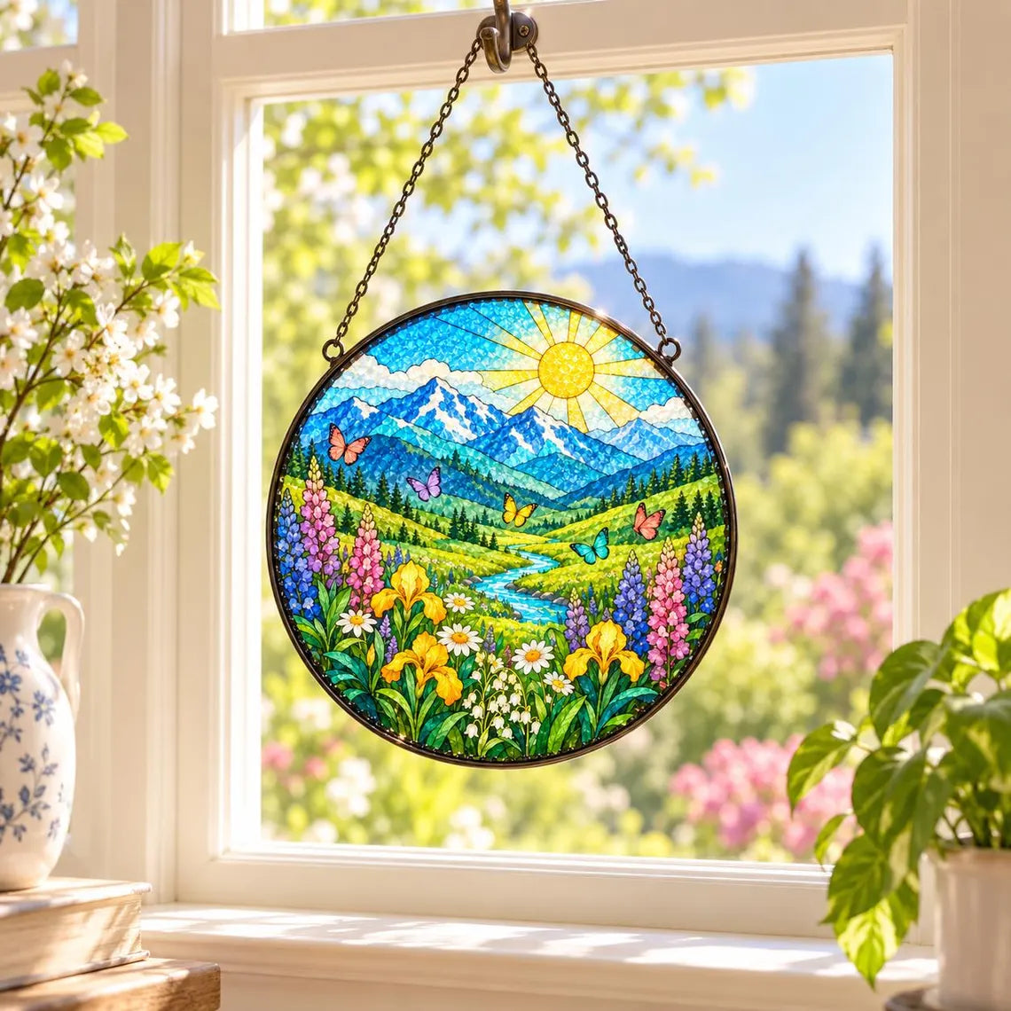 Mountain Meadow Landscape Stained Glass Suncatcher Ornament Nature Window Hanging Gift