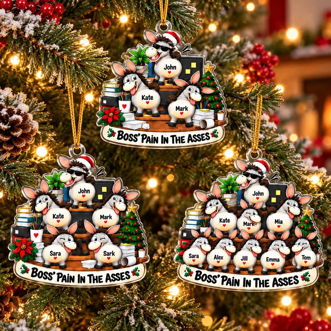Boss Pain in the Asses Donkey Team Custom Names Occupation Acrylic Christmas Ornament Funny Coworker Gift Office Holiday Decor