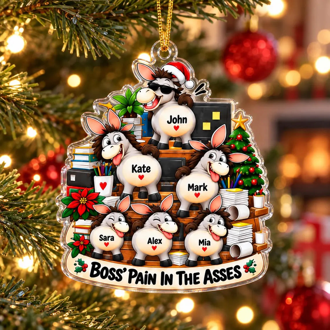 Boss Pain in the Asses Donkey Team Custom Names Occupation Acrylic Christmas Ornament Funny Coworker Gift Office Holiday Decor