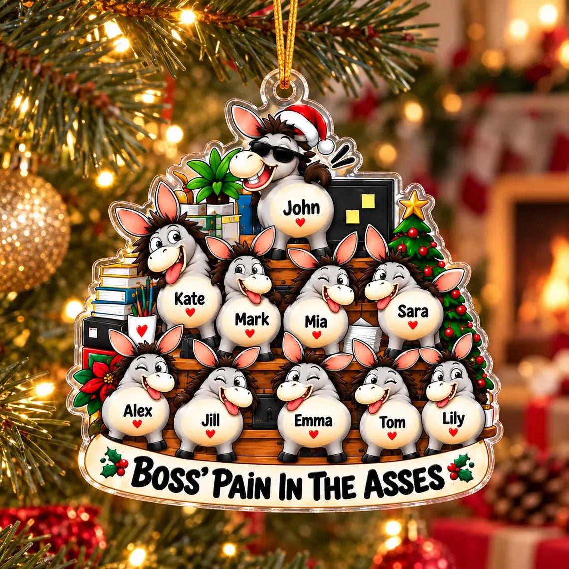 Boss Pain in the Asses Donkey Team Custom Names Occupation Acrylic Christmas Ornament Funny Coworker Gift Office Holiday Decor