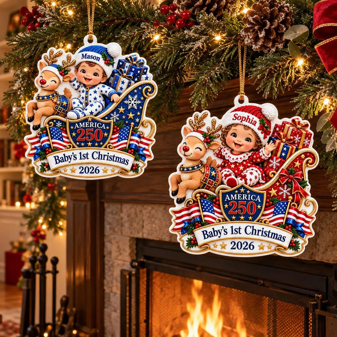Baby's First Christmas America's 250th Year Custom Name Baby's First Christmas Acrylic Christmas Ornament Patriotic Baby Keepsake Gift