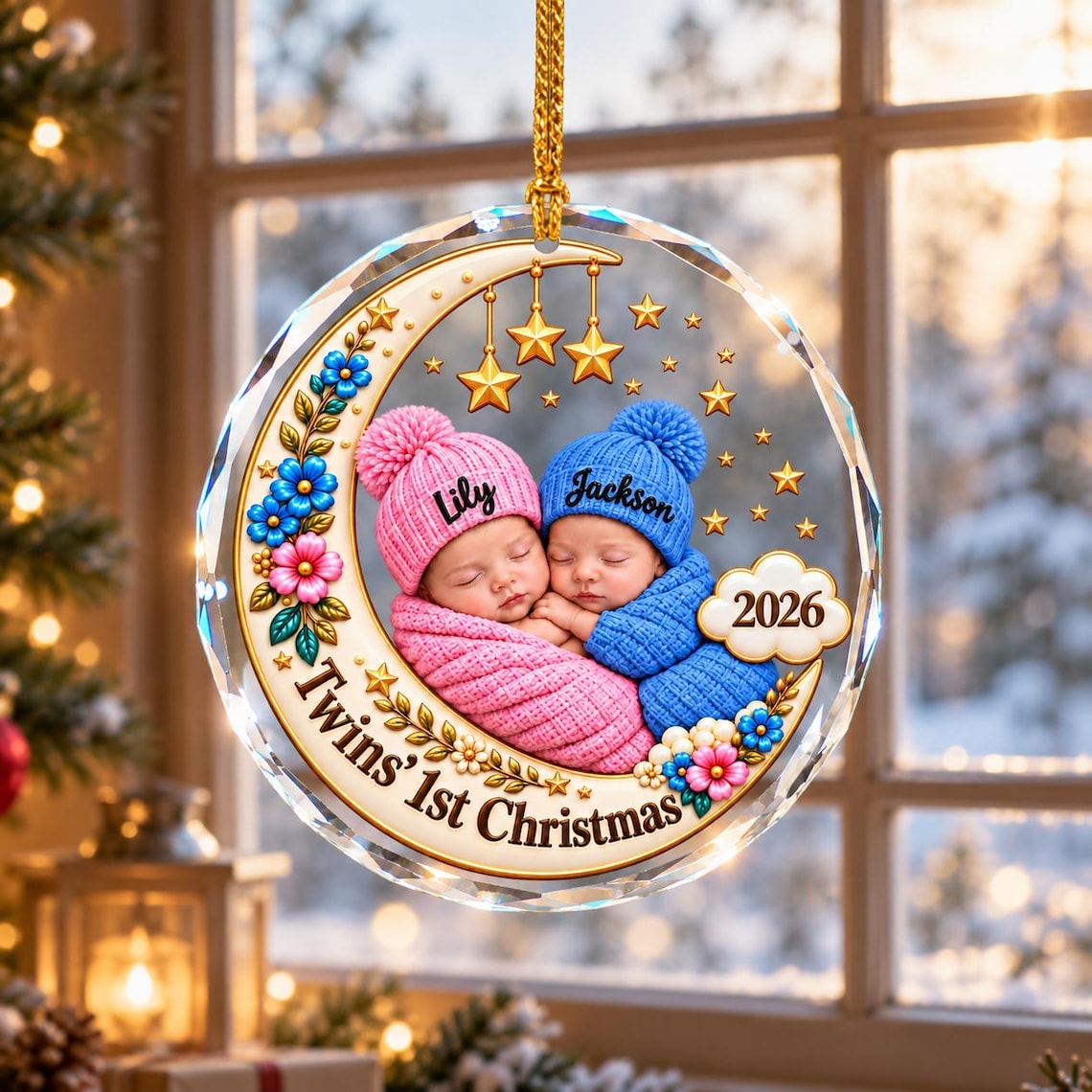 Twins 1st Christmas Custom Name Date Photo Baby's First Christmas Round Glass Christmas Ornament Twin Baby Keepsake Gift