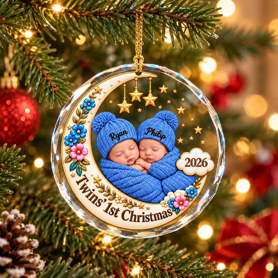 Twins 1st Christmas Custom Name Date Photo Baby's First Christmas Round Glass Christmas Ornament Twin Baby Keepsake Gift