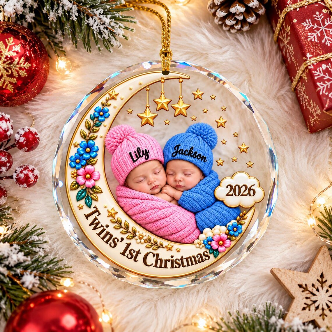 Twins 1st Christmas Custom Name Date Photo Baby's First Christmas Round Glass Christmas Ornament Twin Baby Keepsake Gift