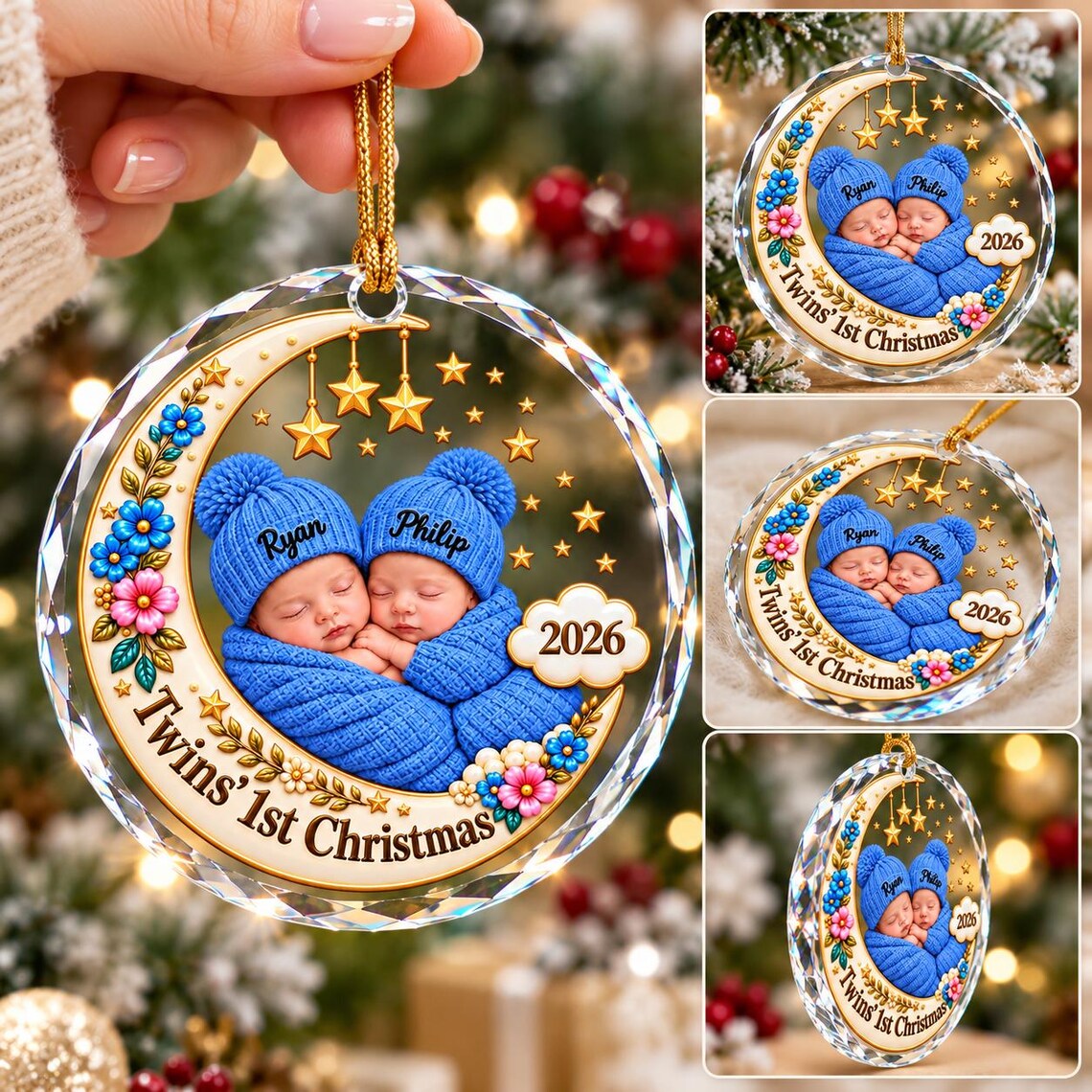Twins 1st Christmas Custom Name Date Photo Baby's First Christmas Round Glass Christmas Ornament Twin Baby Keepsake Gift
